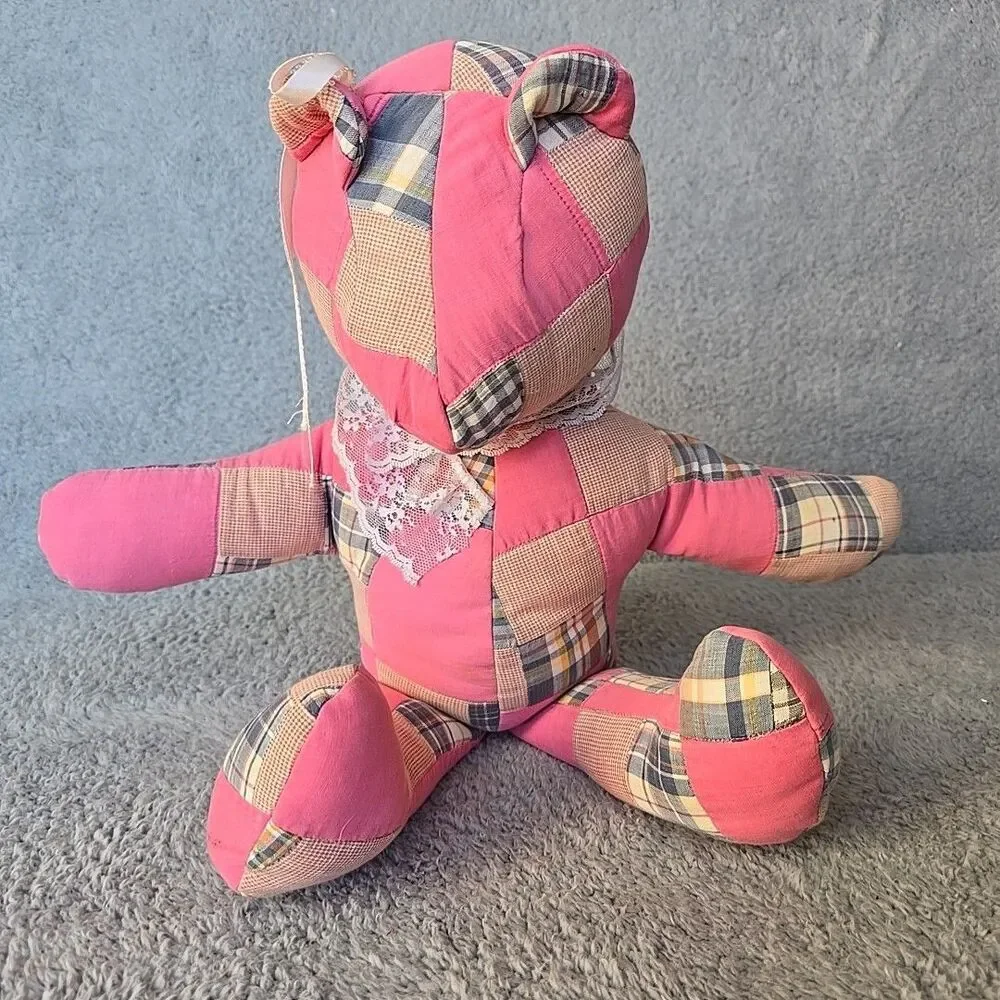 Quilted Stuffed Teddy Bear Pink pillow Kitsch Cottage Handmade 19